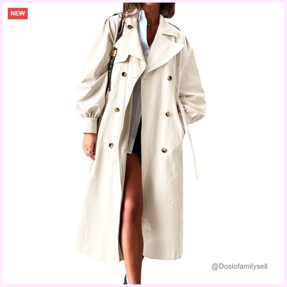 Long Trench Coat Oversized Double Breasted Lapel Overcoat Outerwear with Belt - Picture 1 of 7